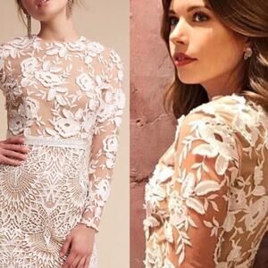 Anthropologie BHLDN Monique Lhuillier Lace Cocktail Wedding Dress 10 Tiana White